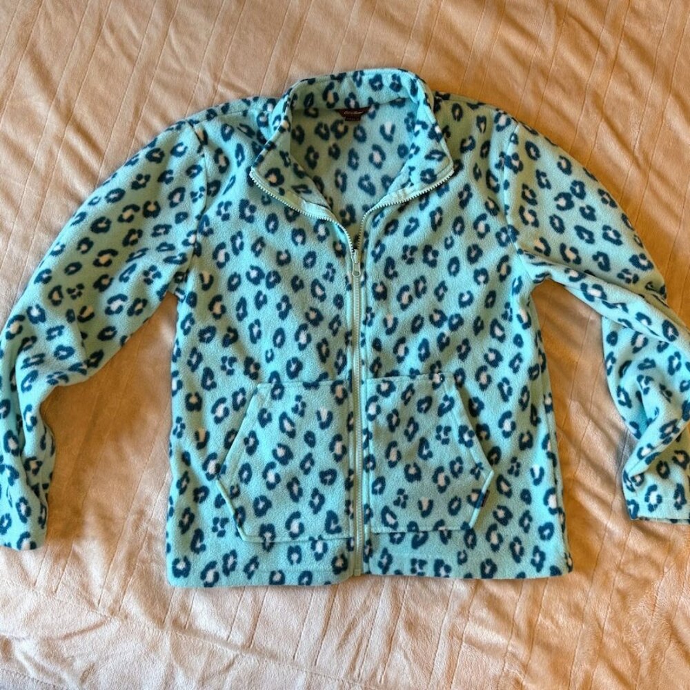 Eddie Bauer Youth 14 16 Full Zip Long Sleeve Kangaroo Pocket Blue Cheetah Jacket
